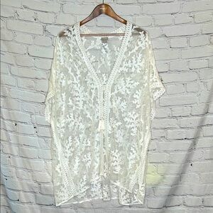 Chico’s White Sheer Reef Appliqué Kimono Swim Cover Up Size Small / Medium